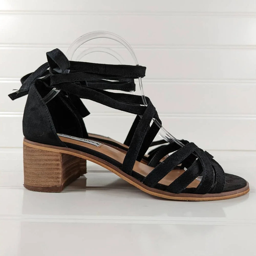 Steve Madden Revere Leather Strappy Ankle Tie Stacked Heel Sandals Size 7.5